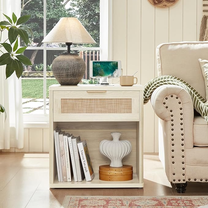 LEYAOYAO Rattan Nightstands Set of 2 with Charging Station, 23" Wide Boho Night Stand with Drawer, Grey White Bedside Table Open Cabinet, Bed Side End Table Dresser for Bedroom, Living Room, Hallway