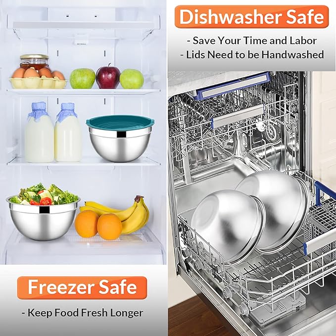 E-far Mixing Bowls with Teal Blue Lids Set of 5, Stainless Steel Mixing Bowls Metal Nesting Bowls with Airtight Covers for Cooking, Baking, Serving, Storage - Size 0.7/1/1.5/3/4.6QT - Dishwasher Safe