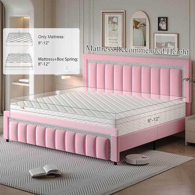 HOMBCK King Size Bed Frame, Velvet Upholstered Bed with Diamond Headboard, Modern Bed King Szie with Wooden Slats Support, No Box Spring Needed, Easy Assembly, Pink