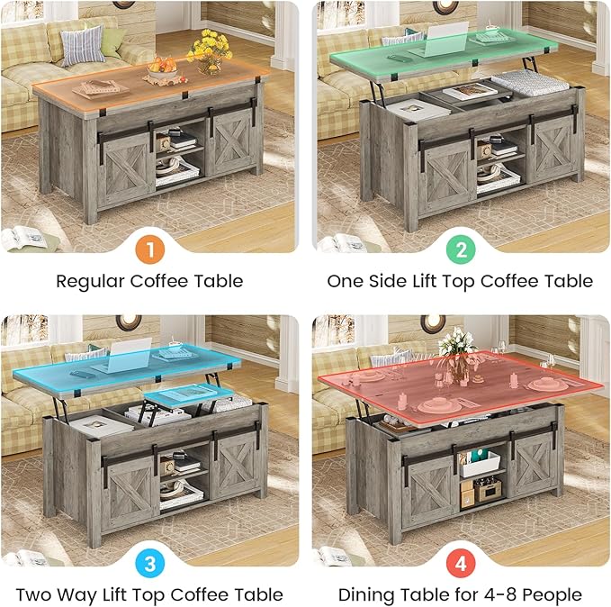 SEDETA Lift Top Coffee Table, 4 in 1 Multi-Function Convertible Coffee Tables with Storage and Hidden Compartment, Farmhouse Coffee Table Converts to Dining Table for Living Room, Grey