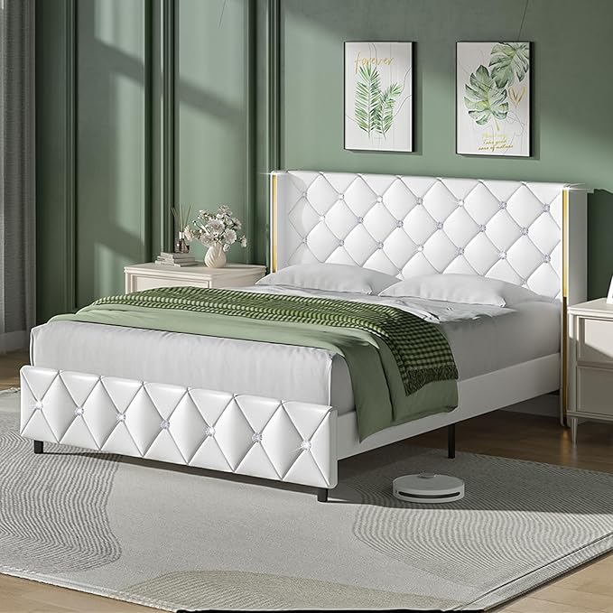 Full Upholstered Bed Frame with Headboard, Faux Leather Platform Bed with Wingback Design, Modern Diamond Bed Frame with Tufted Deep Button, No Box Spring Needed, Easy Assembly, White