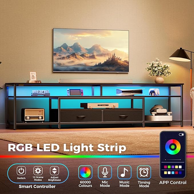 Huuger 79 Inch TV Stand for 85, 90 Inch TV, Entertainment Center with LED Lights and Power Outlets, TV Console with Drawers, Shelves, Type C, PU Leather Surface, for Living Room, Black