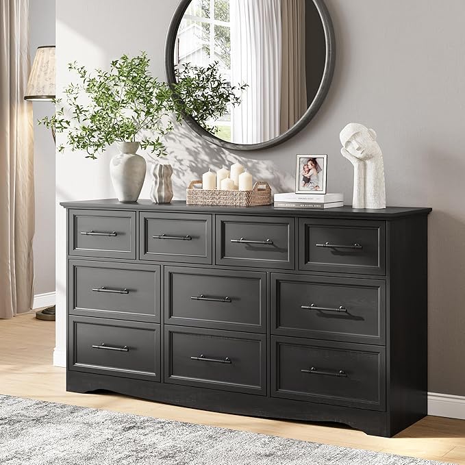 Black Dresser for Bedroom, 10 Drawer Dresser, 59" Wide Chest of Drawers w/Brushed Metal Handle, Wood Closet Organizers and Storage Cabinet for Bedroom, Living Room, Hallway