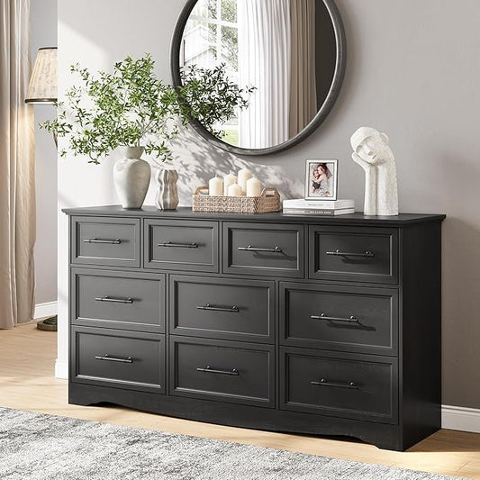 Black Dresser for Bedroom, 10 Drawer Dresser, 59" Wide Chest of Drawers w/Brushed Metal Handle, Wood Closet Organizers and Storage Cabinet for Bedroom, Living Room, Hallway
