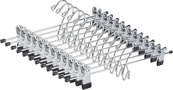 Amber Home 12 Pack Heavy Duty Add on Metal Pants Skirt Hangers, Stackable Add-on Metal Clothes Hangers with 2-Adjustable Clips, Cascading Clip Hangers Space Saving for Jeans, Slacks