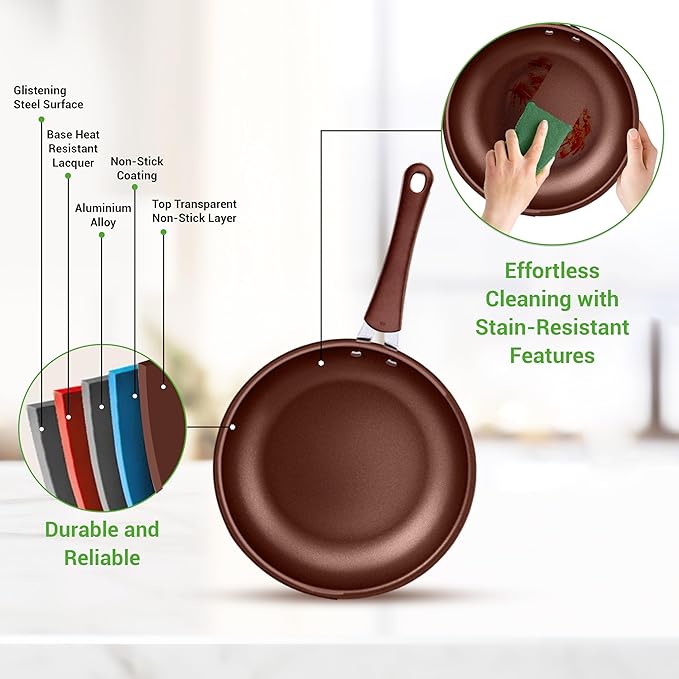 20-Piece Nonstick Kitchen Cookware Set - PTFE/PFOA/PFOS-Free Heat Resistant Silicone Handles Cookware Bakeware Pan Set w/Saucepan, Frying Pans, Cooking Pots, Oven Pot, Lids, Utensil, Brown- NCCW20SBR