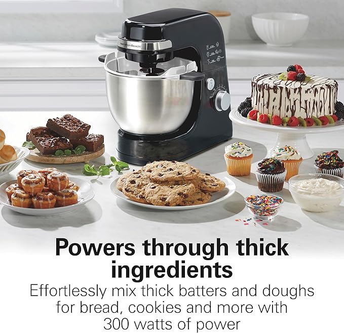 Hamilton Beach Electric Stand Mixer, 4 Quarts, Dough Hook, Flat Beater Attachments, 7 Speeds, Whisk, Stack & Scrape Bowl Scraper, Black