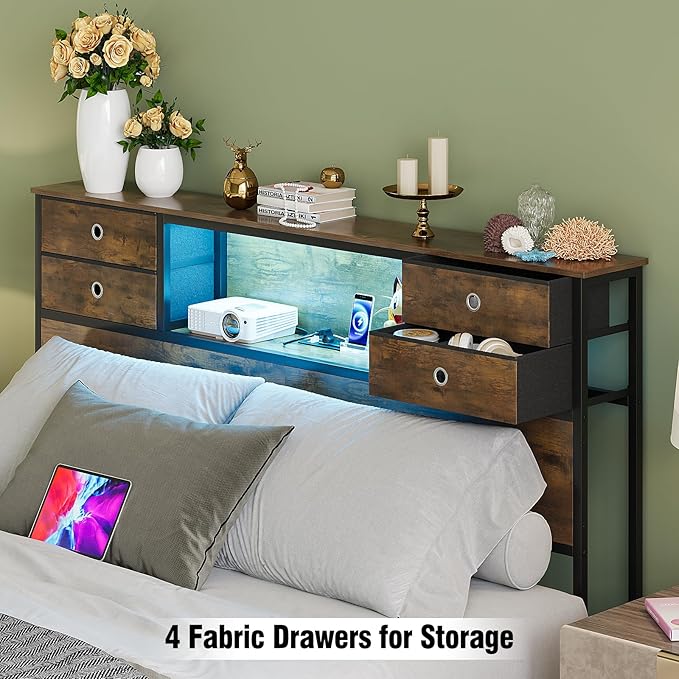 GiftGo Queen Size Headboard with 4 Fabric Storage Drawers Charging Station LED Light Adjustable Height Storage Rack Sturdy and Stable Metal Frame & Wood Shelf (Rustic Brown, Queen (U.S. Standard))