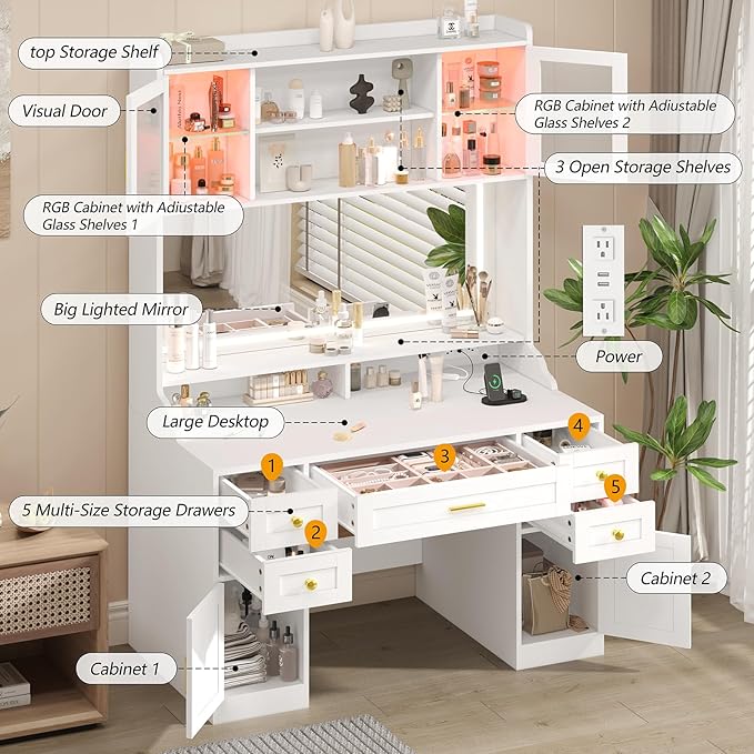 75" Vanity Desk with Mirror and Lights, Makeup Vanity with 5 Drawers & 2 RGB Door, White Vanity with Charging Station, Big Vanity Table with Lighted Mirror, 3 Color Lighting Modes, for Bedroom