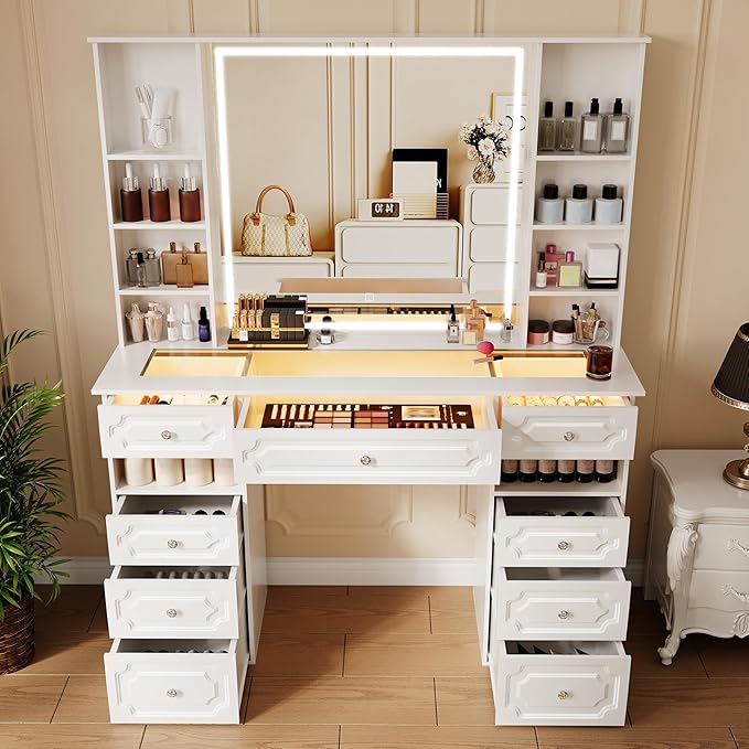 Vanity with Mirror and Light, Vanity with Glass Top and 9 Drawers, Dresser Set with Storage Bench, Adjustable Brightness Dresser (White, Glass Table-B)