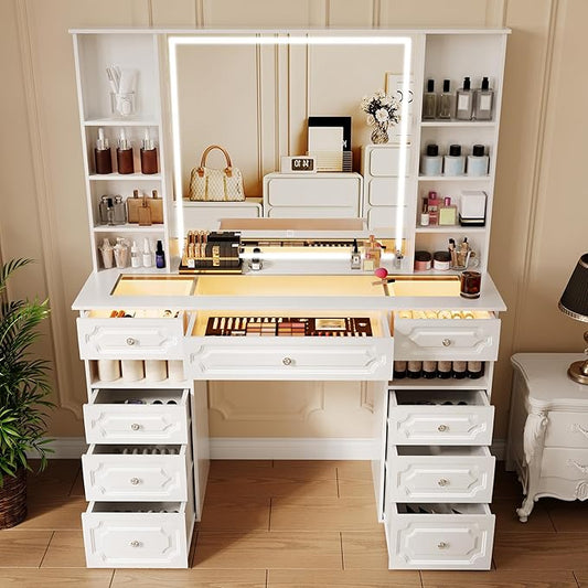 Vanity with Mirror and Light, Vanity with Glass Top and 9 Drawers, Dresser Set with Storage Bench, Adjustable Brightness Dresser (White, Glass Table-B)
