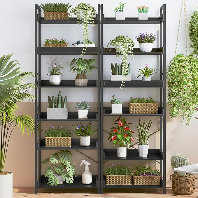 HCHQHS 6 Tier Bookshelf, Adjustable Industrial Bookcase, Vertical Tall Book Shelf, Wood and Black Metal Open Bookshelves for Home Office, Living Room, Bedroom, 70 Inch