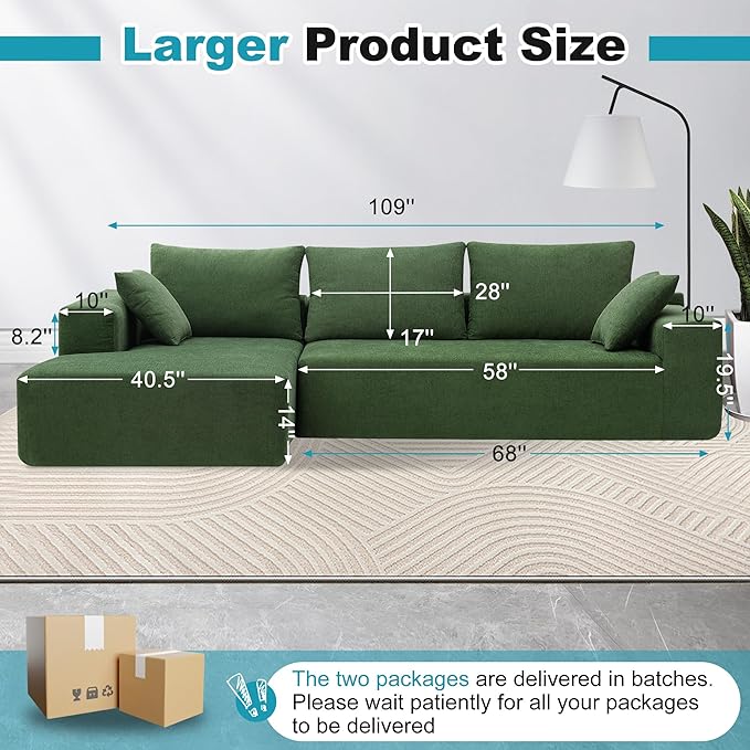 Sectional Couches for Living Room 109" L Shaped Cloud Couch Modern Modular Sectional Sofa Bad, Boneless Couch with Deep Seat, No Assembly Required (Chenille, Cream)