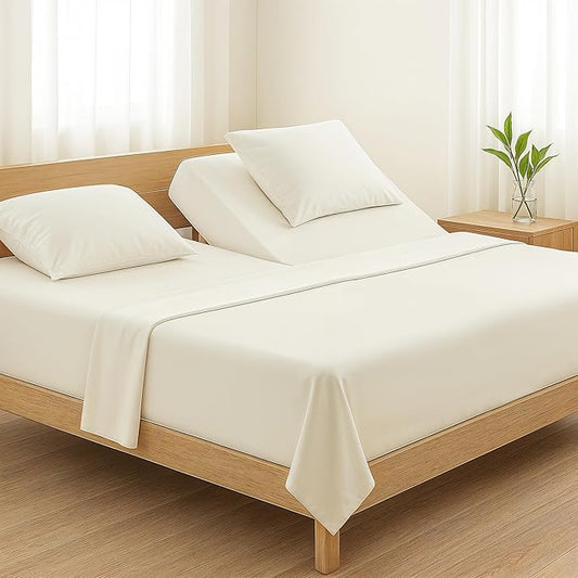 TEXAS LINEN CO. Egyptian Cotton Split King Sheet Set - 800 Thread Count 5 PC Ivory Sheets for Adjustable Bed, Extra Long Staple Cooling Sheets, Luxury Hotel Sateen Sheets, 16" Deep Pocket Bedsheet