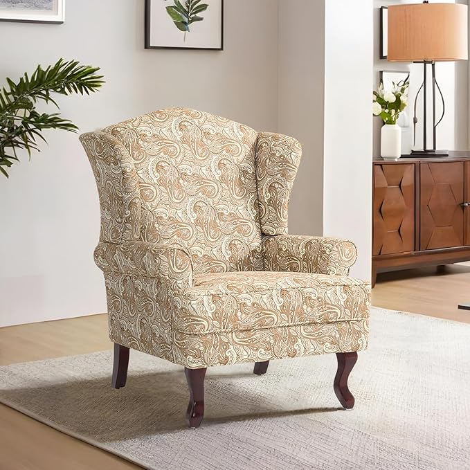 Accent Chair, High Back Upholstered Armchair with High Resilience Sponge & Wood Legs, Mid-Century Modern Comfy Single Sofa Reading Chairs for Living Room, Bedroom (Floral Sand, Set of 1)