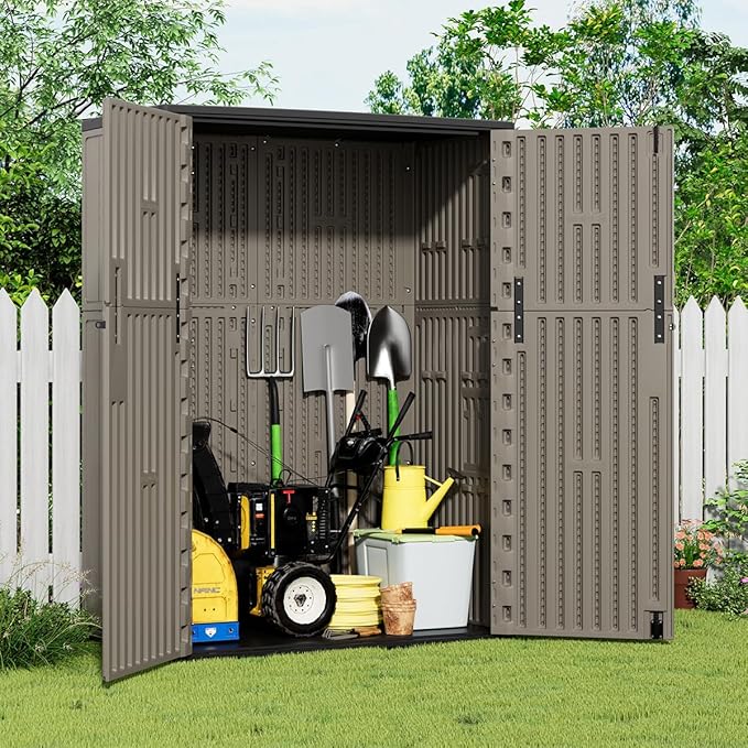 KINYING Outdoor Storage Cabinet Waterproof, 57 Cu.ft Resin Vertical Outdoor Storage Shed for Patio Furniture, Garden Tools, Pool Accessories, Mower Storage (Brown)