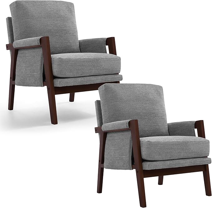 Modern Accent Chairs Set of 2 for Living Room Mid Century Arm Chairs Upholstered Bedroom Chairs Comfy Lounge Chairs with Solid Wood Frame, Grey