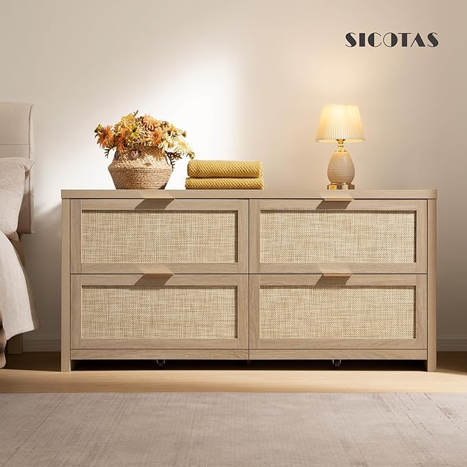 SICOTAS Large Dresser for Bedroom Set 2, Rattan Dressers with 4 Deep Drawers, Long Chest of Drawers for Closet, Farmhouse TV Stand(Reclaimed Light Oak, 4 Drawers (2 pcs))