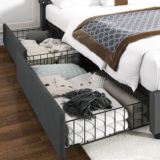 VECELO Full Size Upholstered Platform Bed Frame with 4 Storage Drawers, Adjustable Velvet Rivet Decor Headboard, Wooden Slats Support, No Box Spring Needed, Easy Assembly