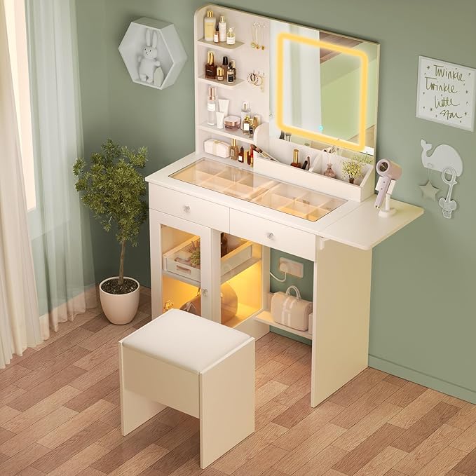 Vanity Desk with Mirror and Lights, Glass Top & Power Outlet | Makeup Vanity Set with Chair | Small Dressing Table with 2 Drawers and Cabinet Storage for Bedroom(White)