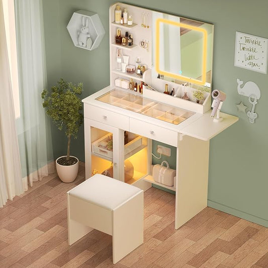 Vanity Desk with Mirror and Lights, Glass Top & Power Outlet | Makeup Vanity Set with Chair | Small Dressing Table with 2 Drawers and Cabinet Storage for Bedroom(White)