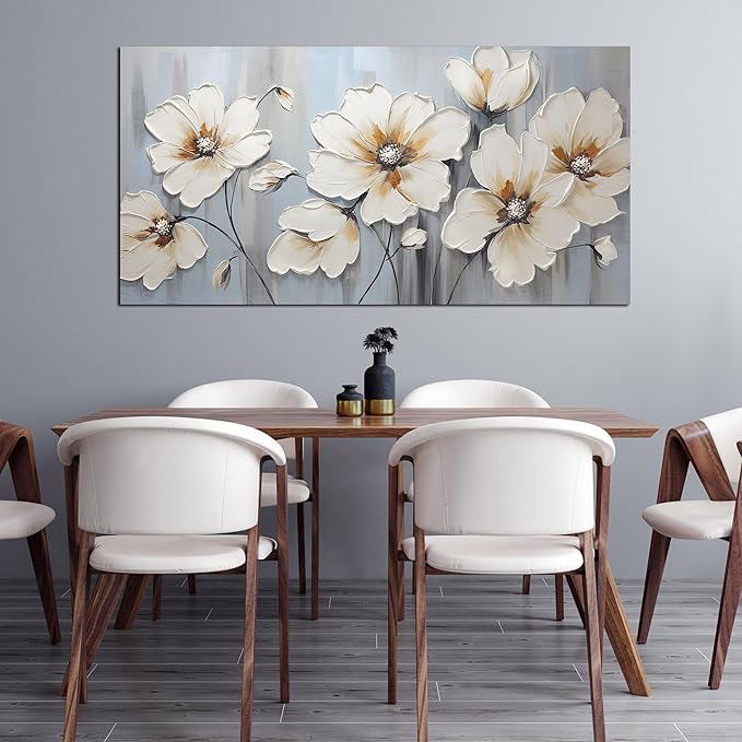 Large Canvas Wall Art Modern Wall Decor White Flower Theme Picture Wall Art with Frame Canvas Decorative Artwork Living Room Bedroom Home Office Hangable Decorative Painting Size 30x60
