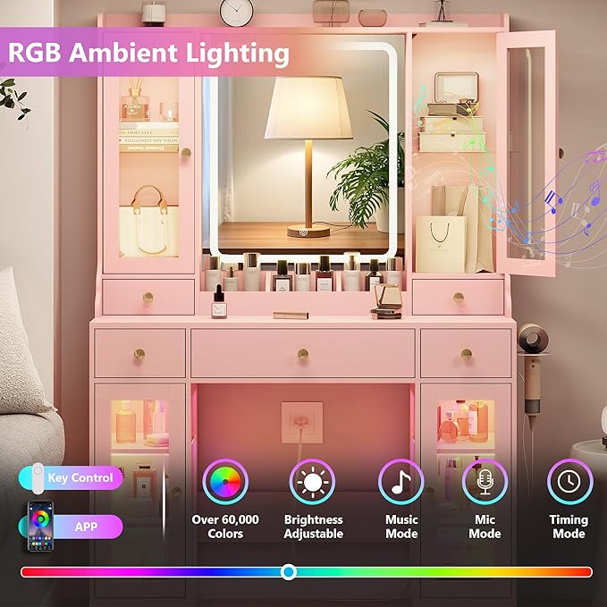Pink Vanity Desk with Mirror and Lights, Makeup Vanity Table with Lighted Mirror, 5 Drawers & RGB Cabinet, Dressing Table Set with Charging Station for Girls Bedroom, 3 Lighting Modes