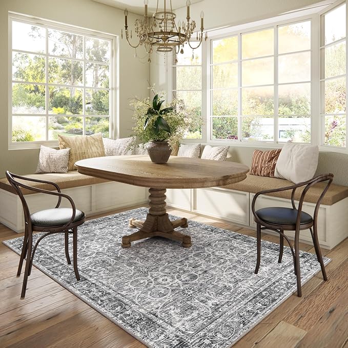 Washable Area Rugs 5'x7' Non-Slip Vintage Boho Distressed Fade Resistant Low Pile Carpet for High-Traffic Living Room, Bedroom & Dining Room