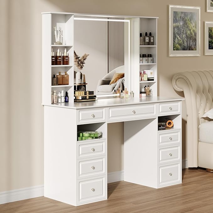 Makeup Vanity Desk with Mirror and Lights, 47" Large Vanity Table with 9 Drawers & 10 Open Storage Shelves, Brightness Adjustable, Dressing Table for Bedroom, Women Girl (White, A Panel)