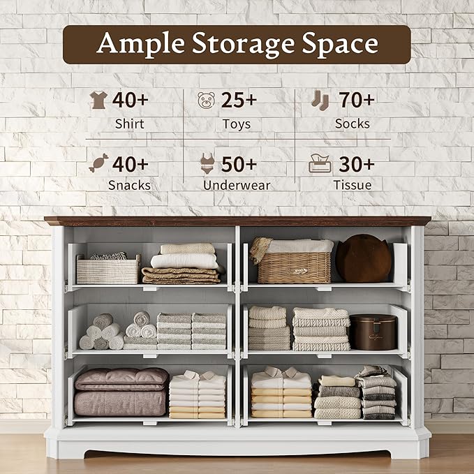 Farmhouse Dresser for Bedroom with 6 Drawer, 48" Wide Rustic Chest of Drawers with Metal Handle, Wood Vintage Dresser TV Stand, Wooden Closet Storage Dressers Organizer for Living Room, Hallway, White