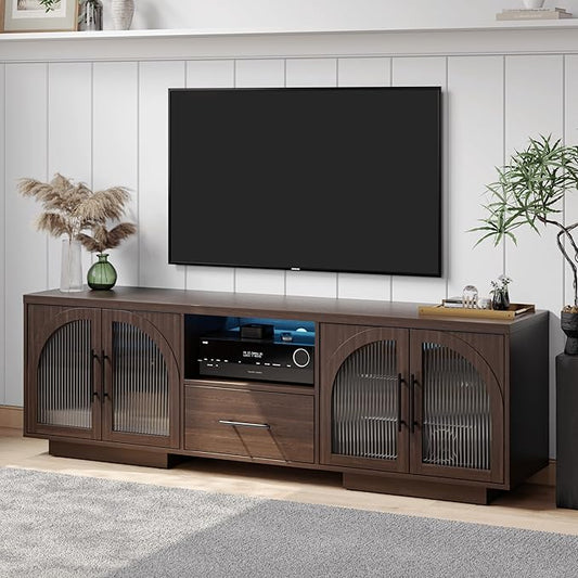 70" TV Stand for 80 Inch TVs, Entertainment Center with LED Lights and Arched Glass Doors, Faux Marble Wood Finish, Adjustable Shelves, Modern TV Cabinet for Living Room, Brown