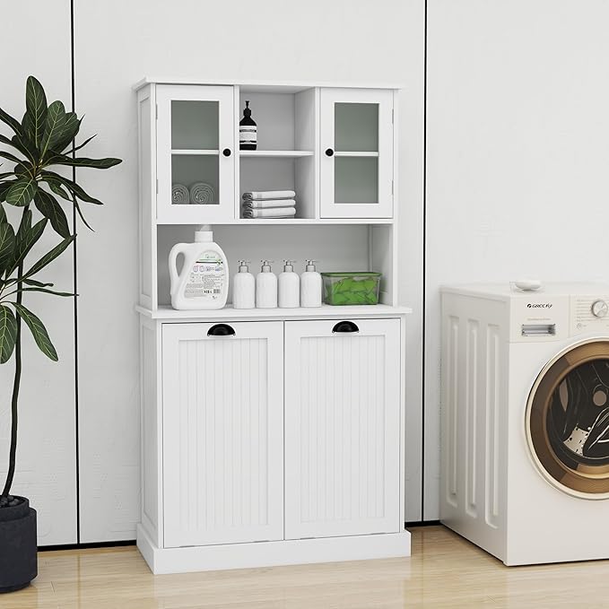 Tall Bathroom Laundry Cabinet with Tilt Out Laundry Hamper, Laundry Room Storage Cabinet with Two Glass Doors, Display Shelves, White (32.68" W x 14.57" D x 59.69" H)