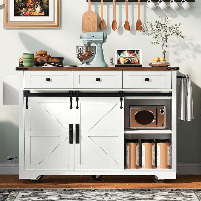 Merax 53.7" Kitchen Cart Island on Wheels with Power Outlet,Drop Leaf and 2 Sliding Barn Door,Farmhouse Style Storage Cabinet for Dining Room