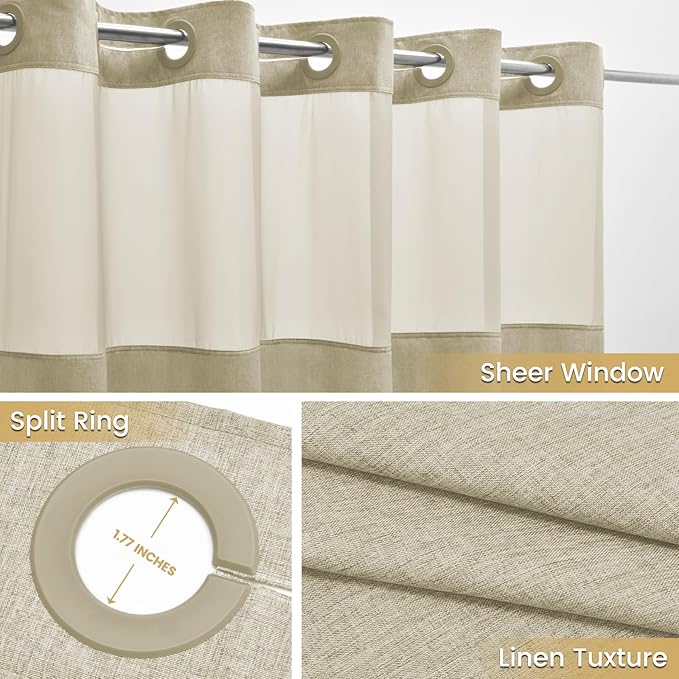 No Hook Shower Curtain with Snap in Liner, Polyester Textured Shower Curtain with Liner Set, Waterproof Washable Hotel Style Shower Curtains for Bathroom, 71Wx74H, Khaki