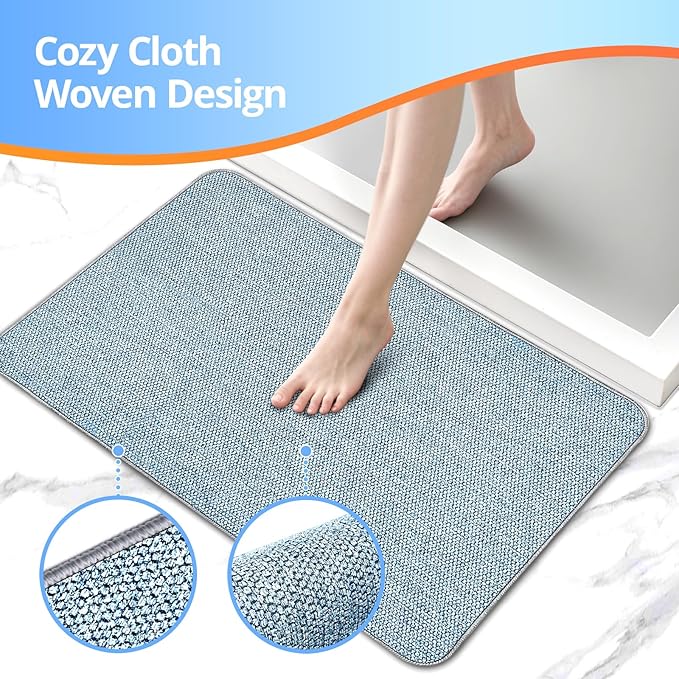 Upgraded Thin Bathroom Rugs, Bath Mat Super Absorbent, Bath Rugs Rubber Backing Non-Slip, Quick Dry Machine Washable, Cozy Cloth Bathroom Mat fit Under Door/Sink/ Bathtub/Shower/Kids 19''x30''-Blue