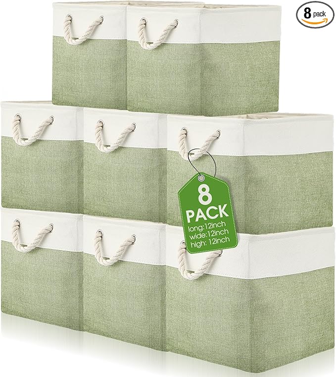 meekoo 8 Pack Collapsible Storage Bins Fabric Storage Bins Polyester Fabric Baskets with Handles Linen Closet Organizer for Shelf Home Closet Towels Toys(12 x 12 x 12 in,Green White)