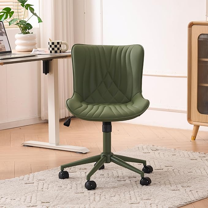 YOUTASTE All Olive Green Office Chair, Modern Armless Desk Chair with Back, Adjustable Swivel Rolling Faux Leather Task Chair with Wheels Metal Base for Home Office, Study, or Vanity