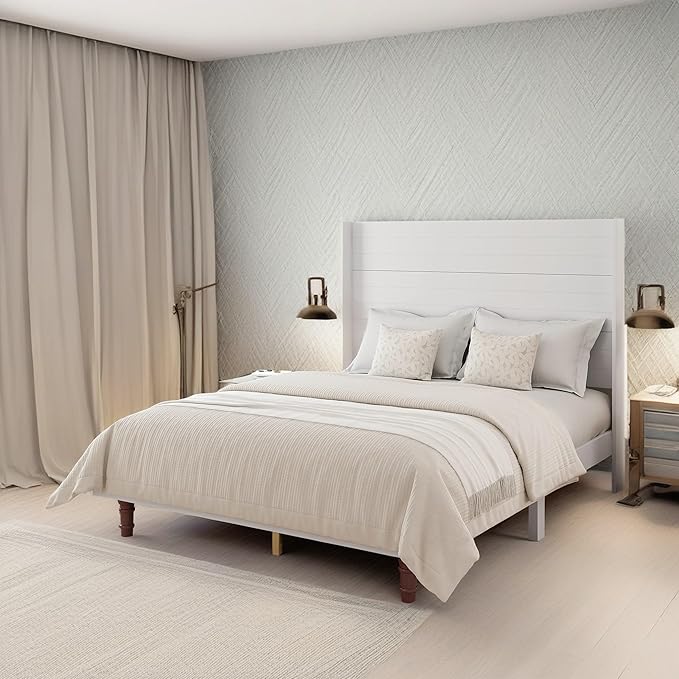 GDFStudio Tall Headboard Queen Size Bed,Platform Bed Frame with High Back,Wooden Slat Mattress Support No Box Spring Needed Easy Assembly Minimalist Designs 54" H White