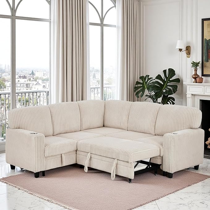 Couch, L-Shaped Sleeper Sofa with Storage, Sectional Couches for Living Room, 5-Seat Couch with Pull Out Bed, Convertible Sofa with USB Charging, for Living Room, Apartment, Beige