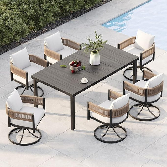 Grand patio Outdoor Dining Set for 6, 7PCS Patio Table and Chairs Set, Metal Woven Wicker Swivel Patio Chairs with Thickened Cushions & Rectangular Woodgrain Dining Table with Umbrella Hole (Natural)