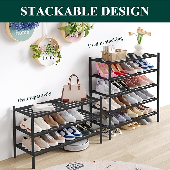 Smiry Long Bamboo Shoe Rack 6-Tier, Stackable Wooden Shoe Organizer for Entryway & Closet, Free Standing Wood Shoe Storage Shelf for Front Door & Small Spaces, Black