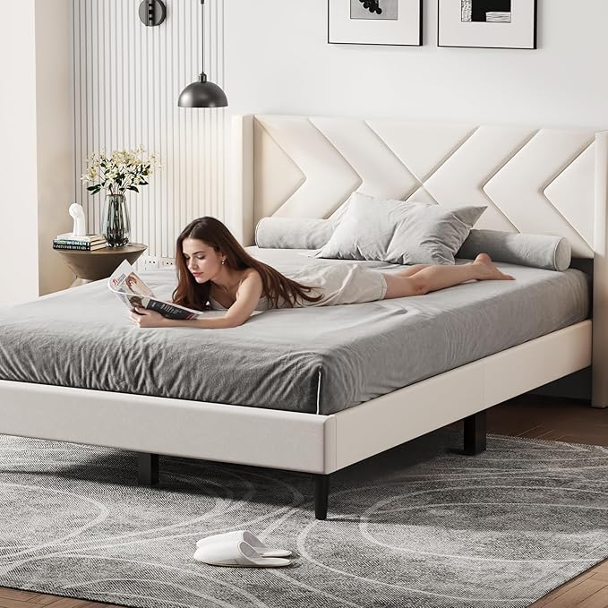 Casaottima Queen Bed Frame Upholstered Platform Bed with Wingback Headboard, Sturdy Wooden Slats Support, Noise-Free Mattress Foundation, No Box Spring Needed, Easy Assembly, Arrow Pattern Cream White