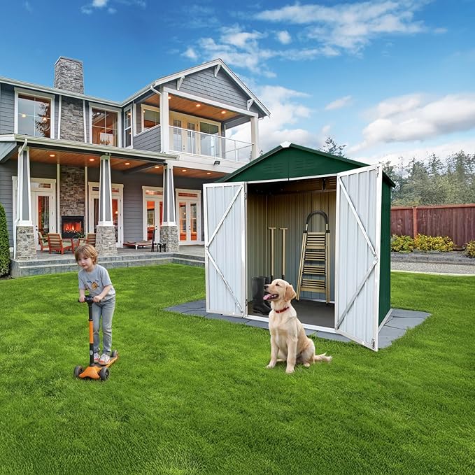 6 x 4 FT Outdoor Storage Metal Shed, Bike Garden Tool Shed with Slooping Roof, Lockable Doors and Aluminum Frames, Shed Easy to Assemble for Garden, Patio, Lawn, Green