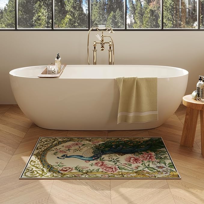 Door Mat Indoor Entrance 2x3 Rug Machine Washable Floral Peacock Animal Small Area Rug Non-Slip Low Pile Throw Rugs for Entryway, Kitchen, Front Door, Entry, Kids Room (Beige)