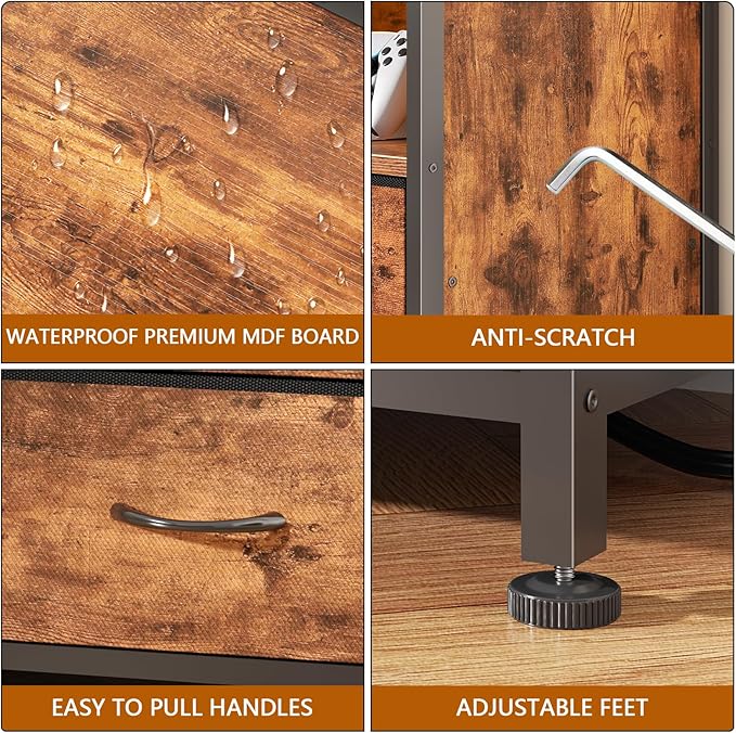 Furologee 55" LED TV Stand for Bedroom with Power Outlets, Entertainment Center with 6 Fabric Drawers for 50/55/60 inch TVs, Dresser TV Stand Long Console Media Table for Living Room, Rustic Brown