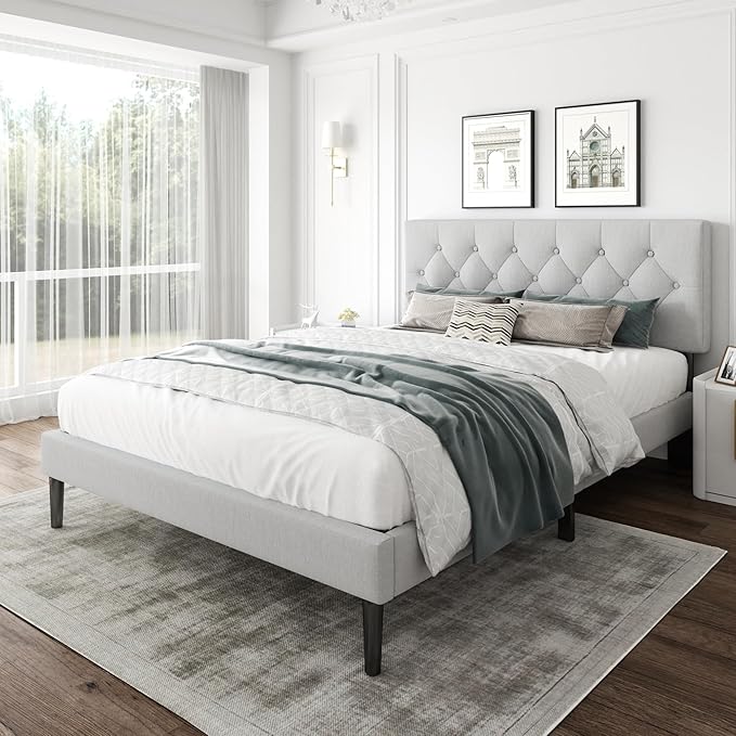 Queen Size Platform Bed Frame with Upholstered Headboard, Button Tufted Design, Strong Wooden Slats, No Box Spring Needed, Easy Assembly, Noise Free