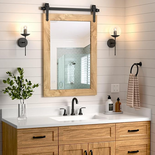 Farmhouse Bathroom Mirror 26”x40” Rustic Wood Framed Wall Mirror Barn Door Mirror for Wall (Brown)
