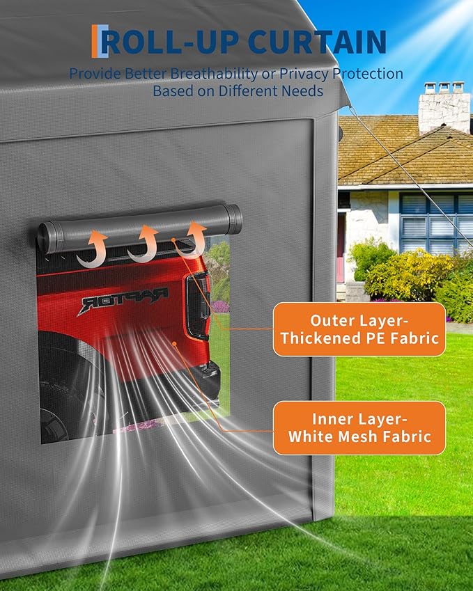 10 x 20 FT Carport Clearance, Heavy Duty Carport Canopy with Roll Up and Down Mesh Window, Outdoor Portable Garage with Removable Sidewalls, All Season Tarp for Car, Boat, Truck, Motorcycle (Gray)