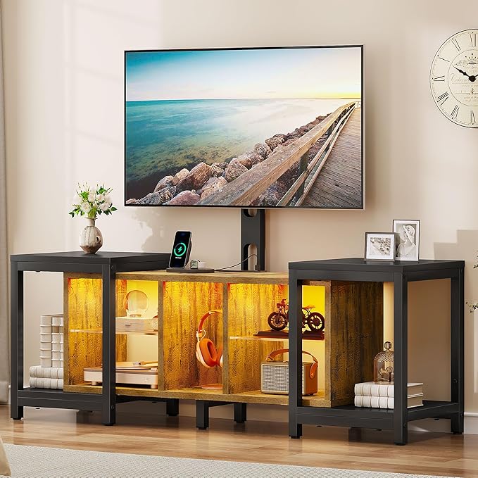 YITAHOME TV Stand with Mount for Living Room, TV Stand for 70inch TV with Power Outlet & LED Lights, LED Entertainment Center, Gaming TV Console Cabinet, Rustic Brown & Black