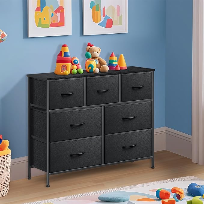 Dresser for Bedroom with 7 Drawers, Chest of Drawers, Storage Drawers Organizer Unit, Black Wide Fabric Dresser with Fabric Bins for Closet, Living Room, Entryway (Charcoal Black)